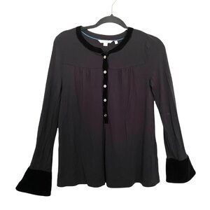 Boden 4 Nadien Black Velvet Trim Long Sleeve Top Gold Button Detail